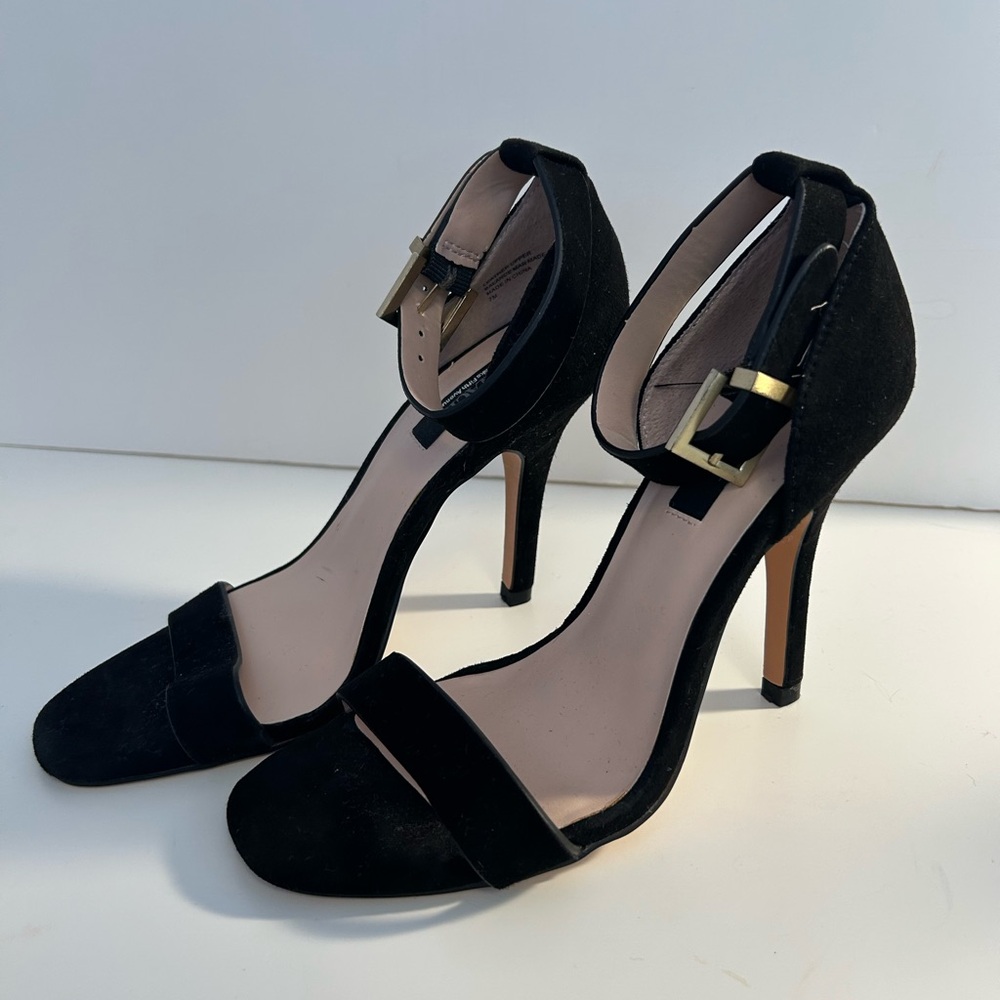 Saks Fifth Avenue Black Suede Ankle Strap Heels